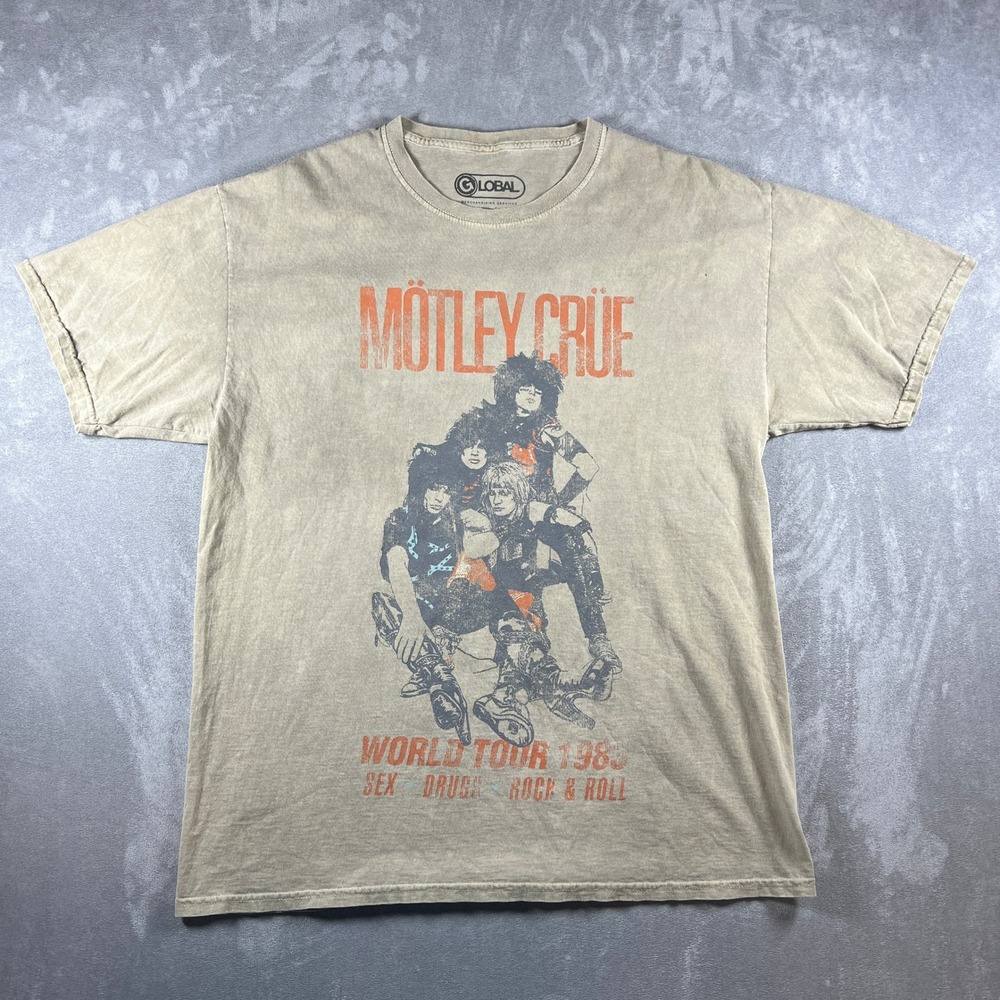 Motley Crue World Tour 1983 Graphic T-Shirt Mens M/L Tan Global Merch Band Tee